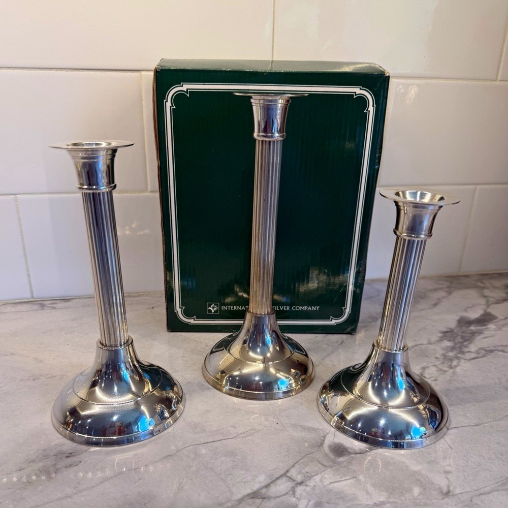 International Silver Co Silverplate Column Candlestick Holders Set of 3 6-8"